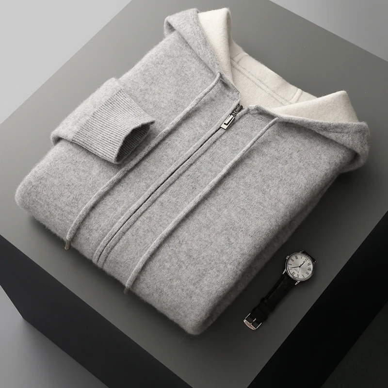 Autumn Winter New Air Layer Thick Hoodie 100% Merino Wool Knitted Zipper Cardigan Casual Fashion Warm Men\'s Wear Long Sleeve