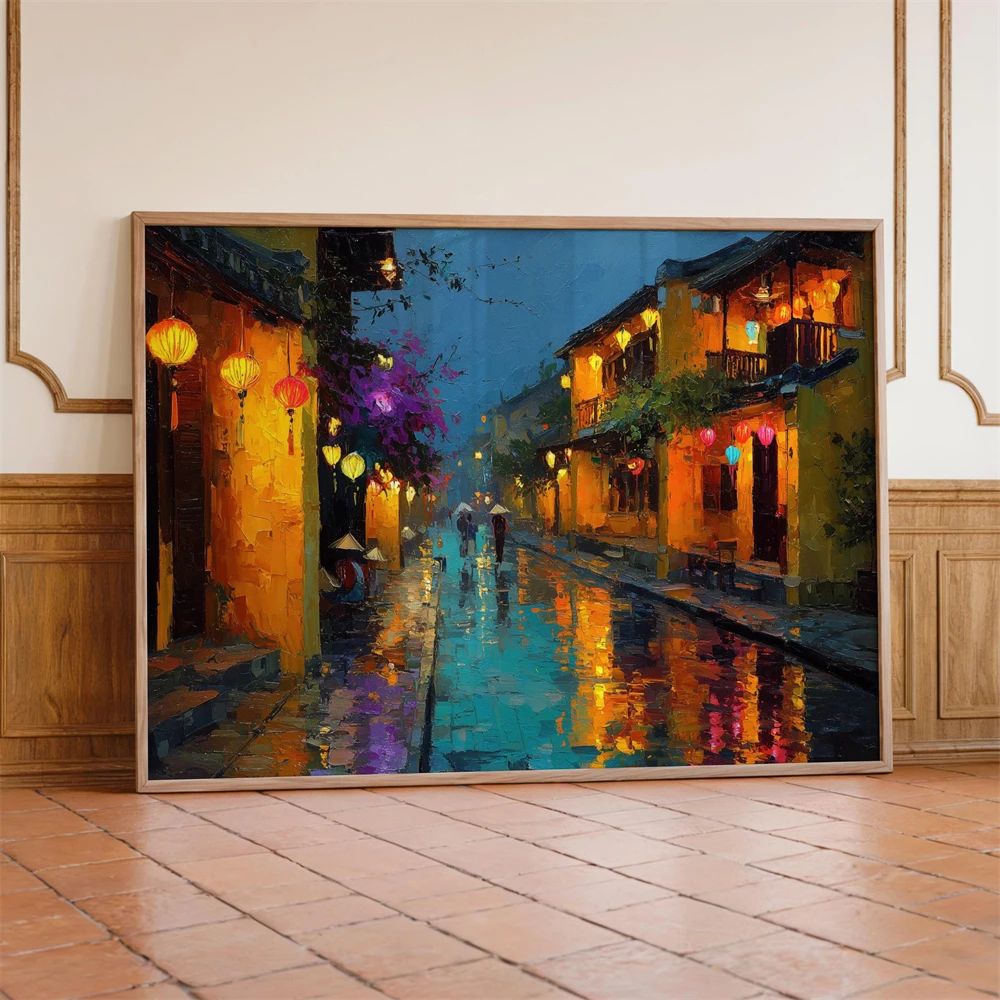 Hoi An Lantern Street Wall Art Prints Vietnam Rainy Night Painting Poster Colorful Ancient Town Print Romantic Asian Cityscape