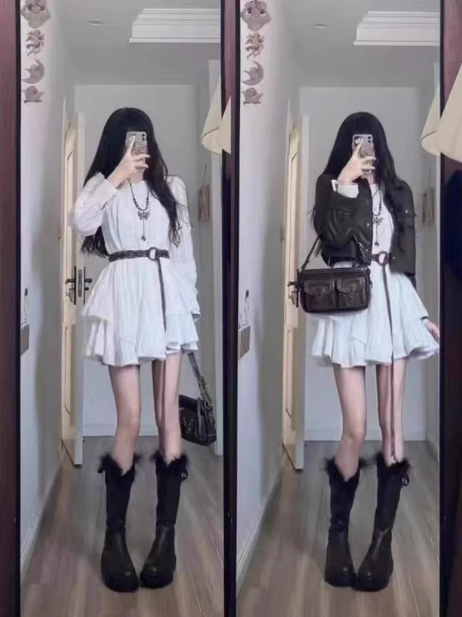 Early Autumn Fashion Retro Long Sleeve White Dress Waist Cinched Short Jacket Two Piece Set Cotton Zipper Closure Women's Wear
