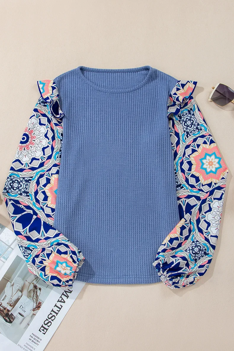 

Women's New Style Wfle Stitch Knit Sweater Fashionable Ruffled Floral Sleeve Pullover Top