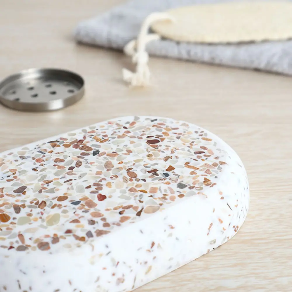 Sturdy Terrazzo Soap Dish Modern Oval Soap Holder Draining Soap Tray For Bathroom Sink Kitchen Counter Organizer