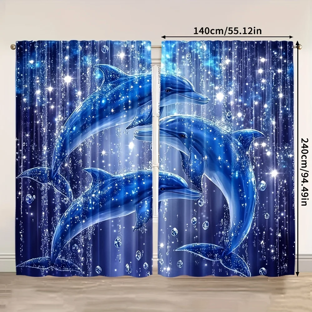 Sparkle Dolphin Rod Pocket Curtain Trio Bright Blue Dolphins Glitter Star Bubble Deep Sea Pattern For Bedroom Living Room Home