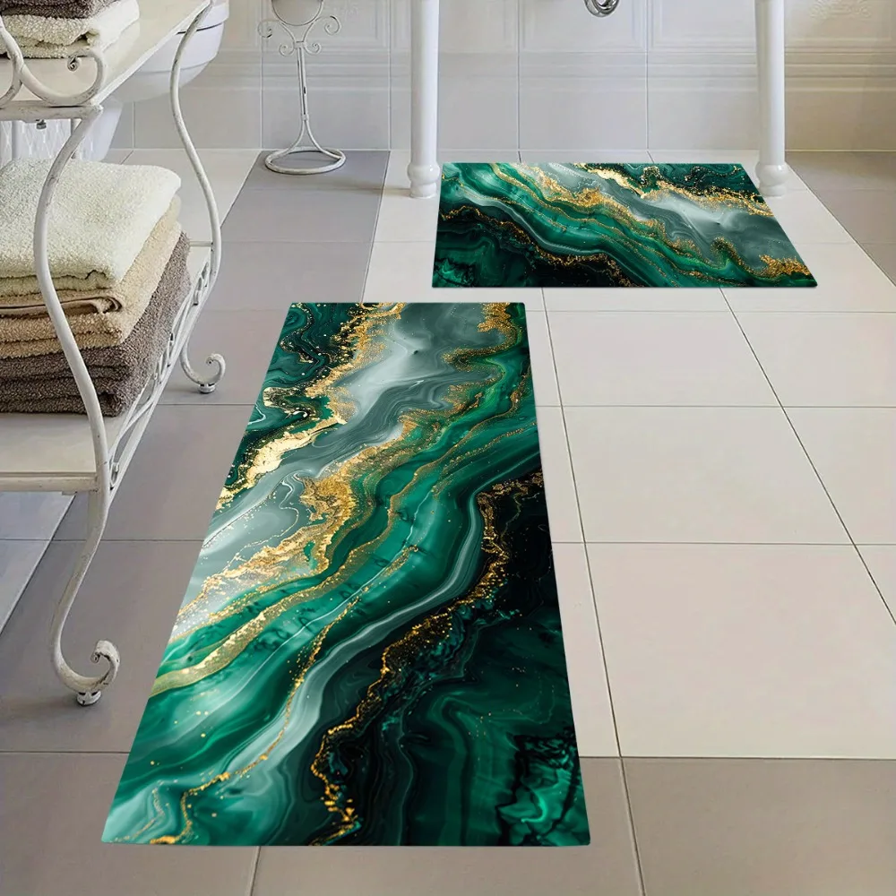 2pcs/ 3pcs/ Set Black and Green Gilt Marble Printed Bathroom Floor Mat Set, Home Decoration Area Carpet, Machine Washable, Was