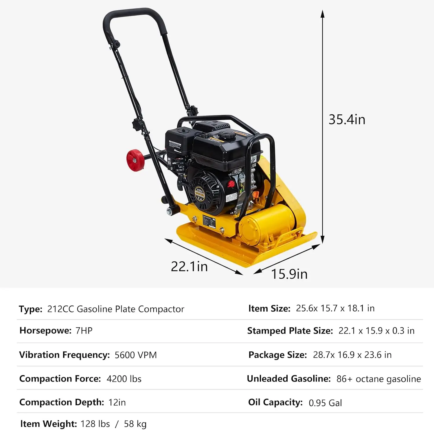 Heavy-Duty Electric Power Jumping Jack Vibratory Tamper 7HP Plate Compactor for Walkways, Asphalt, Pavers, and Landscaping 212cc Gas Engine 5600 VPM 2500 lbs Compaction Force