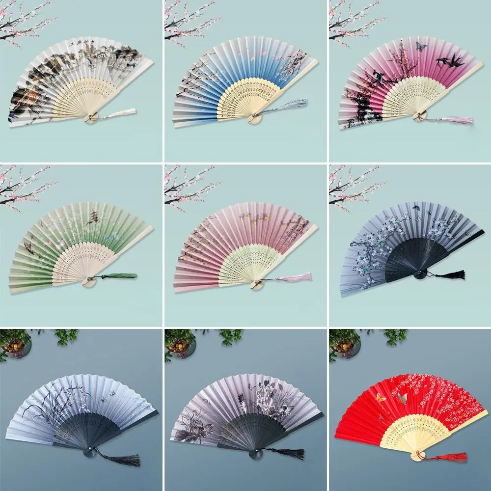 Outdoor Silk Vintage Folding Fan Bamboo Tassel Elegent Hand Fan Colorful Hand Fan Shank Classical Dance Fan Home Decoration