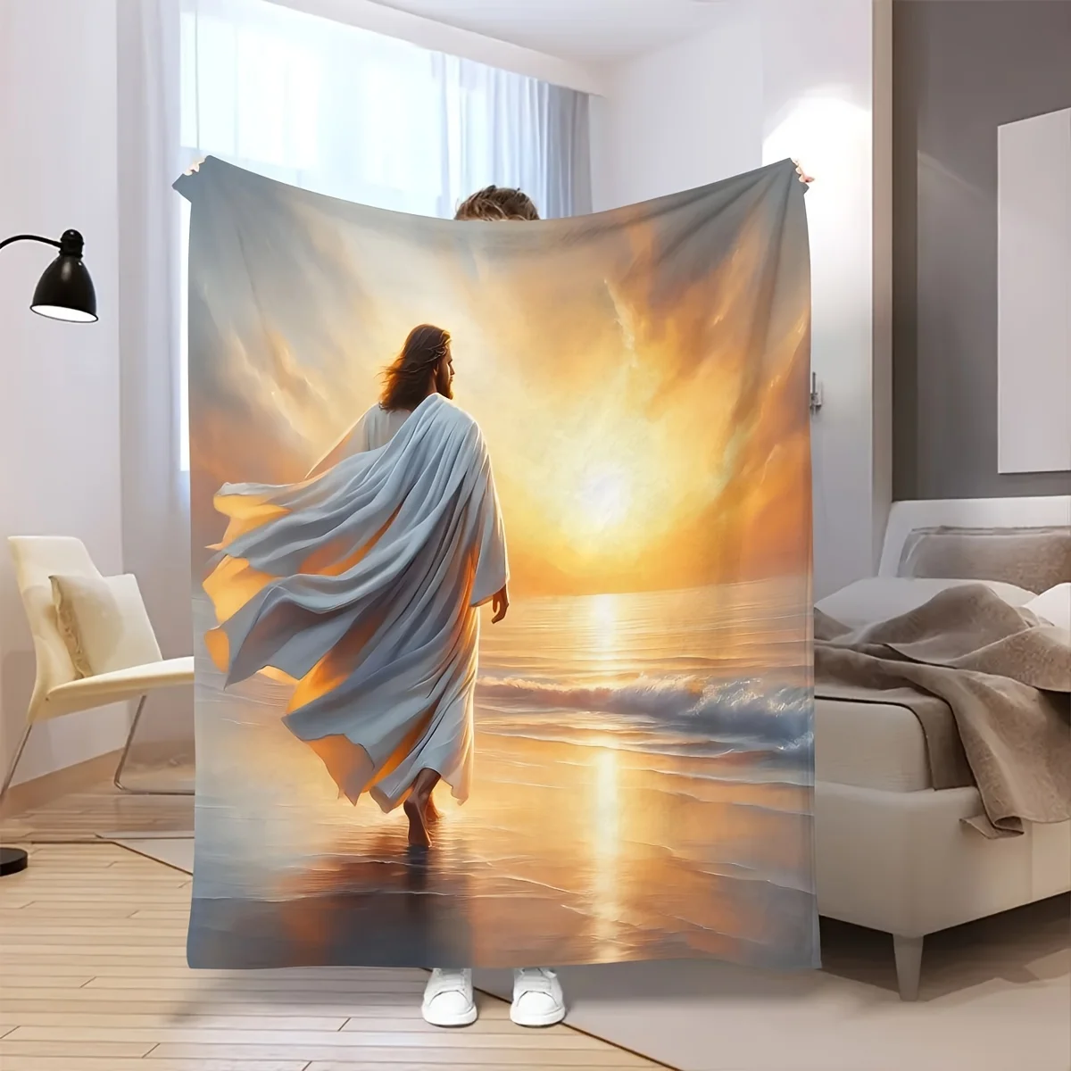 One Piece Jesus Walking on the Beach Digital Print Flannel Shawl Blanket - Four Seasons, Suitable for Sofa,, Office and Camping
