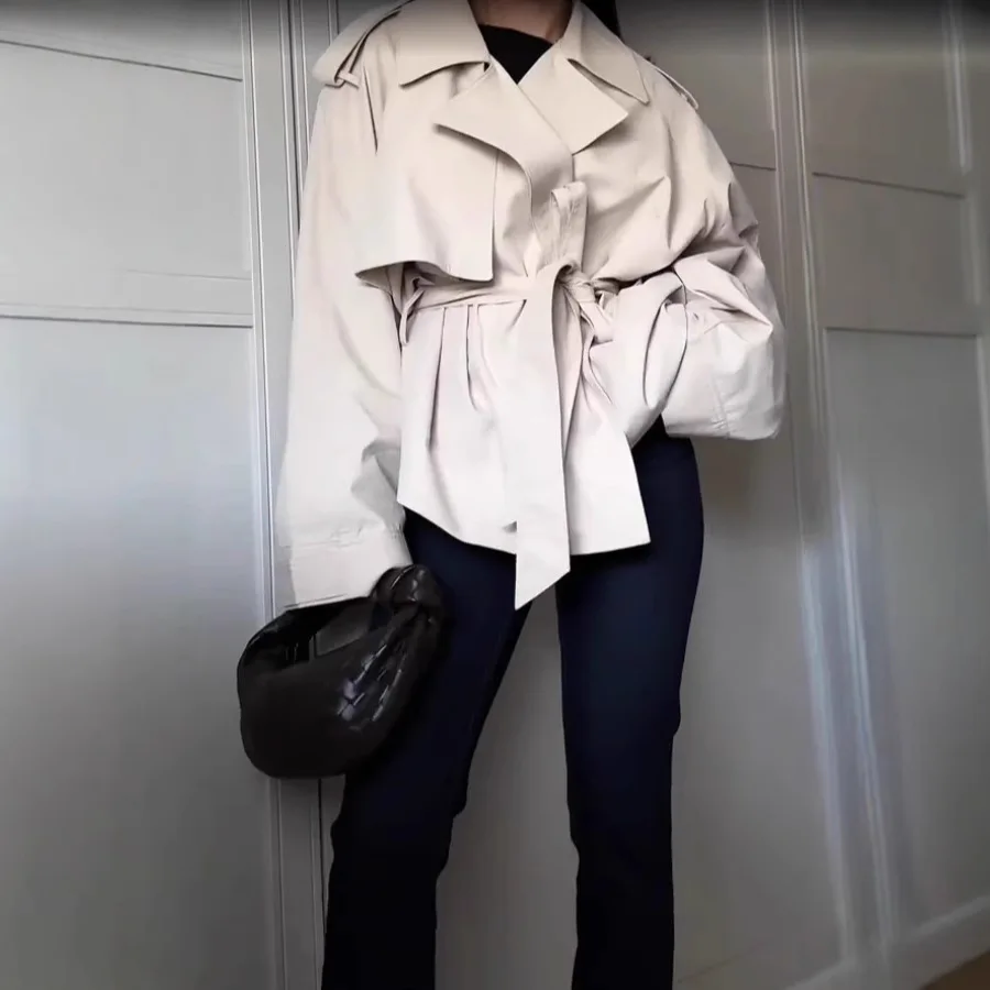 Damen Stehkragen Zweireihiger Gürtel-Trenchcoat Kurz Geschnitten Locker Vielseitig Trendiges Outfit Pendler Winddichte Oberbekleidung
