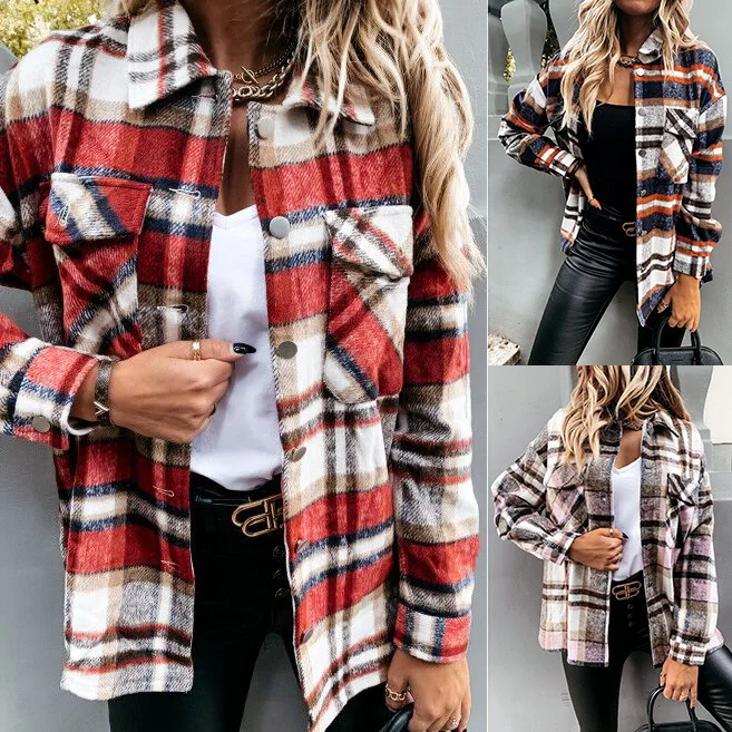 

2025 European and American Women's Autumn and Winter New Woolen Shirt Long Sleeved Checkered Jacket