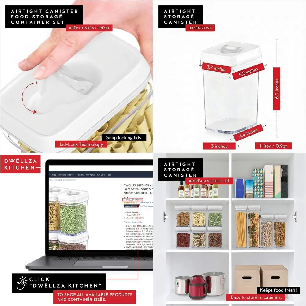 

Набор из 6 прозрачных герметичных контейнеров для хранения продуктов без BPA с белыми крышками для организации кладовой и сохранения свежести