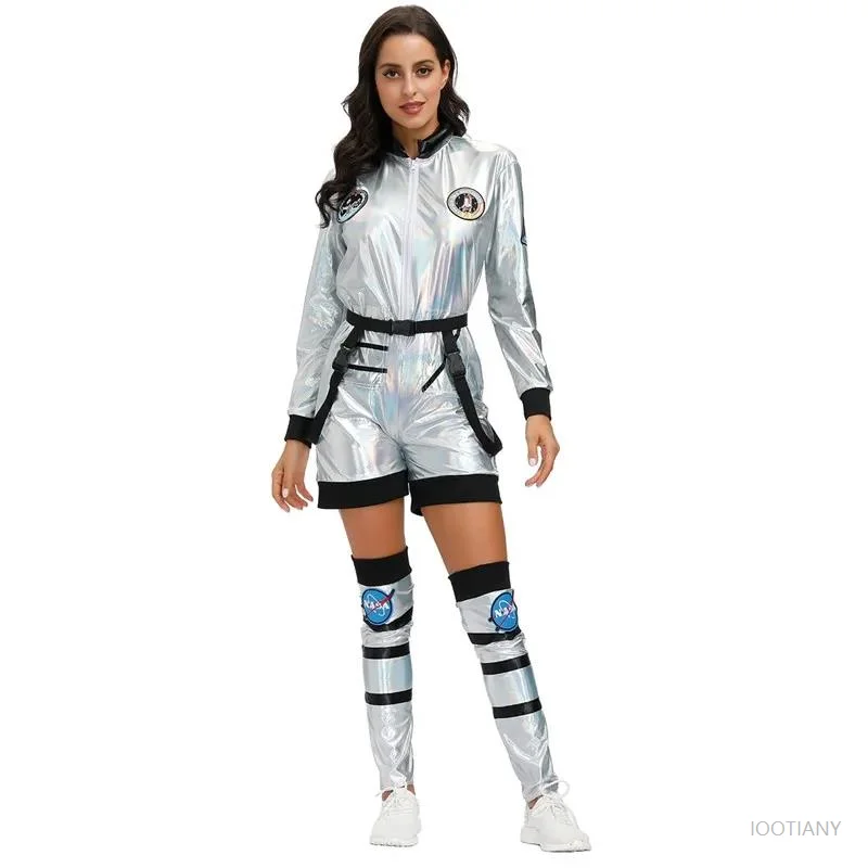 

Halloween Sexy Female Adult Silver Alien Astronaut Jumpsuit New Year Group Party Pilot Uniform Role Play Costumes Stage Suits