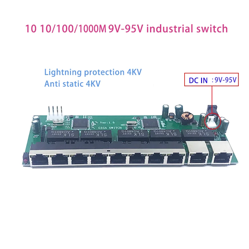 Módulo de interruptor industrial de 10 puertos no gestionados, protección contra rayos, antiestática, 4KV, 10/100/1000mbps, 5V-15V, 9V-48V, 9V-95V
