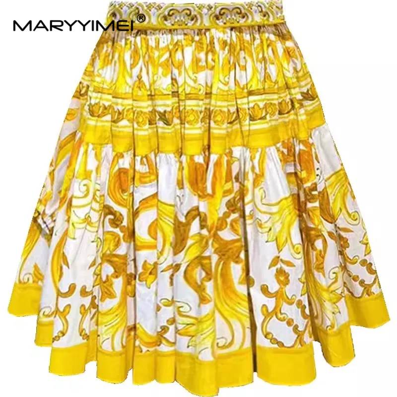 MARYYIMEI Spring Summer Fashion Women\'s Silk top Elegant Slash Neck Short Sleeved+ Cotton Baroque Style Half skirt