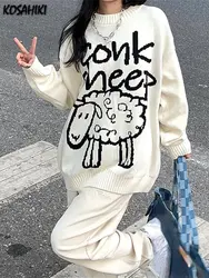 Kreskówka owca Y2k sweter Harajuku Kawaii Retro słodki pulower wzór bluzki z dzianiny kobiet koreański luźny sweter Sueter Femme