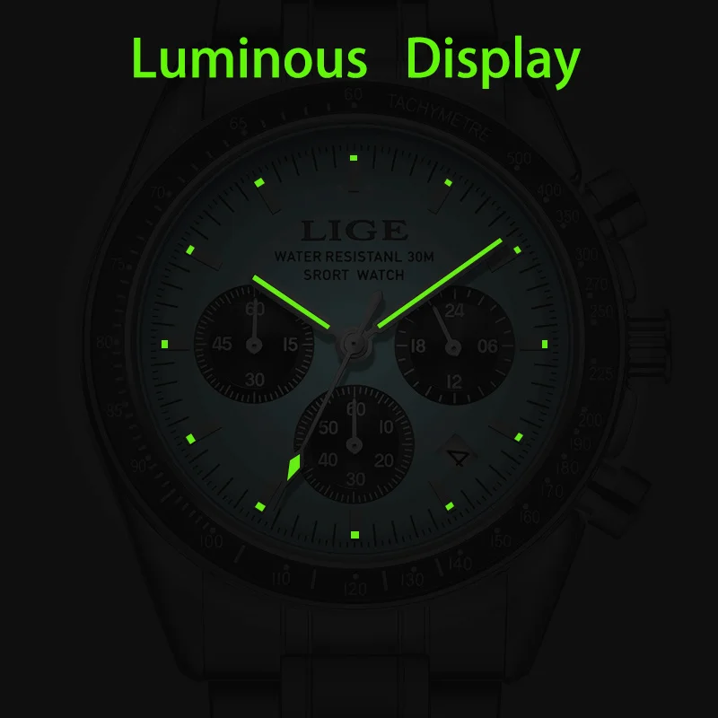 LIGE Fashion Men Watches Luminous Calendar Quartz Watch Mens Waterproof Stainless Steel Man Wristwatch Sport Business Male Clock