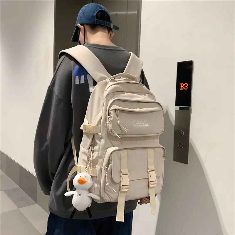 Solid color multi-pocket schoolbag female high school students backpack light color large capacity ins backpack male mochilas