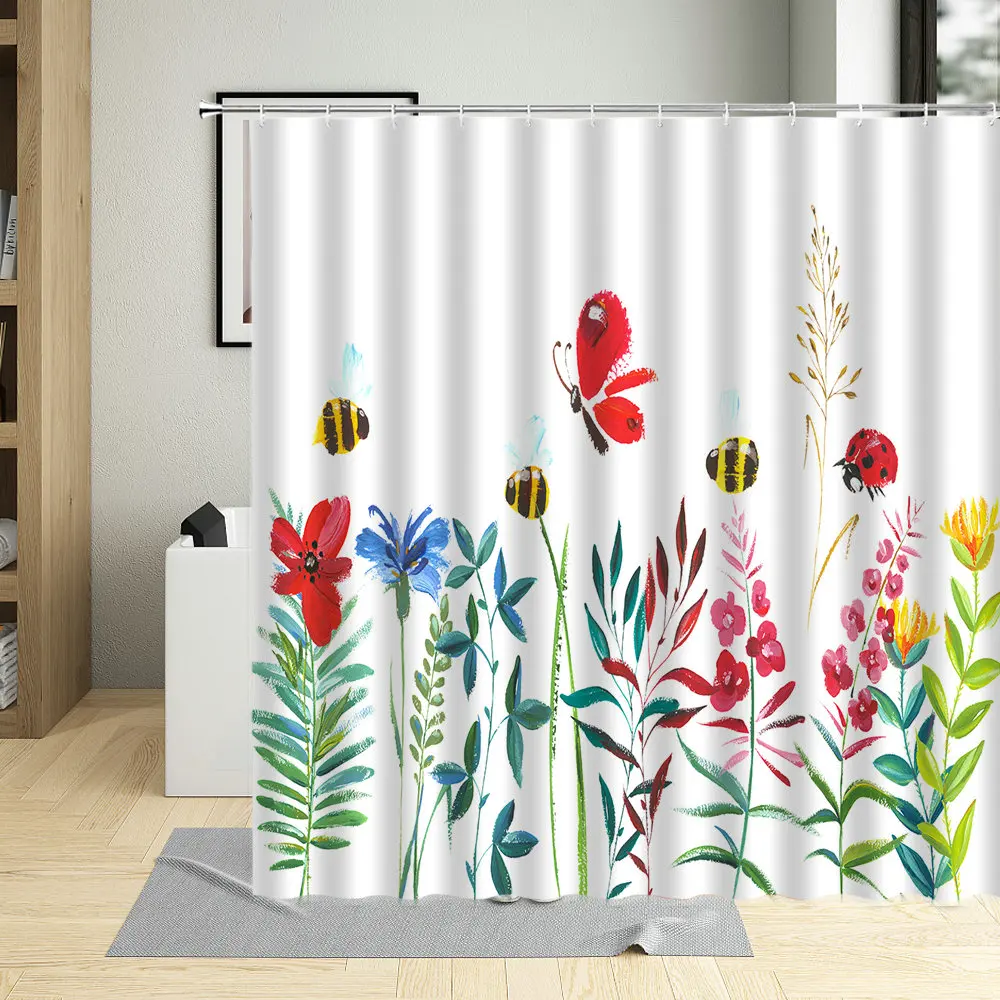 ants Flowers Green Leaf Animals Shower Curtain Butterflies Birds Bamboo Leaves Painting Bathroom Curtains Set Decor Waterproof