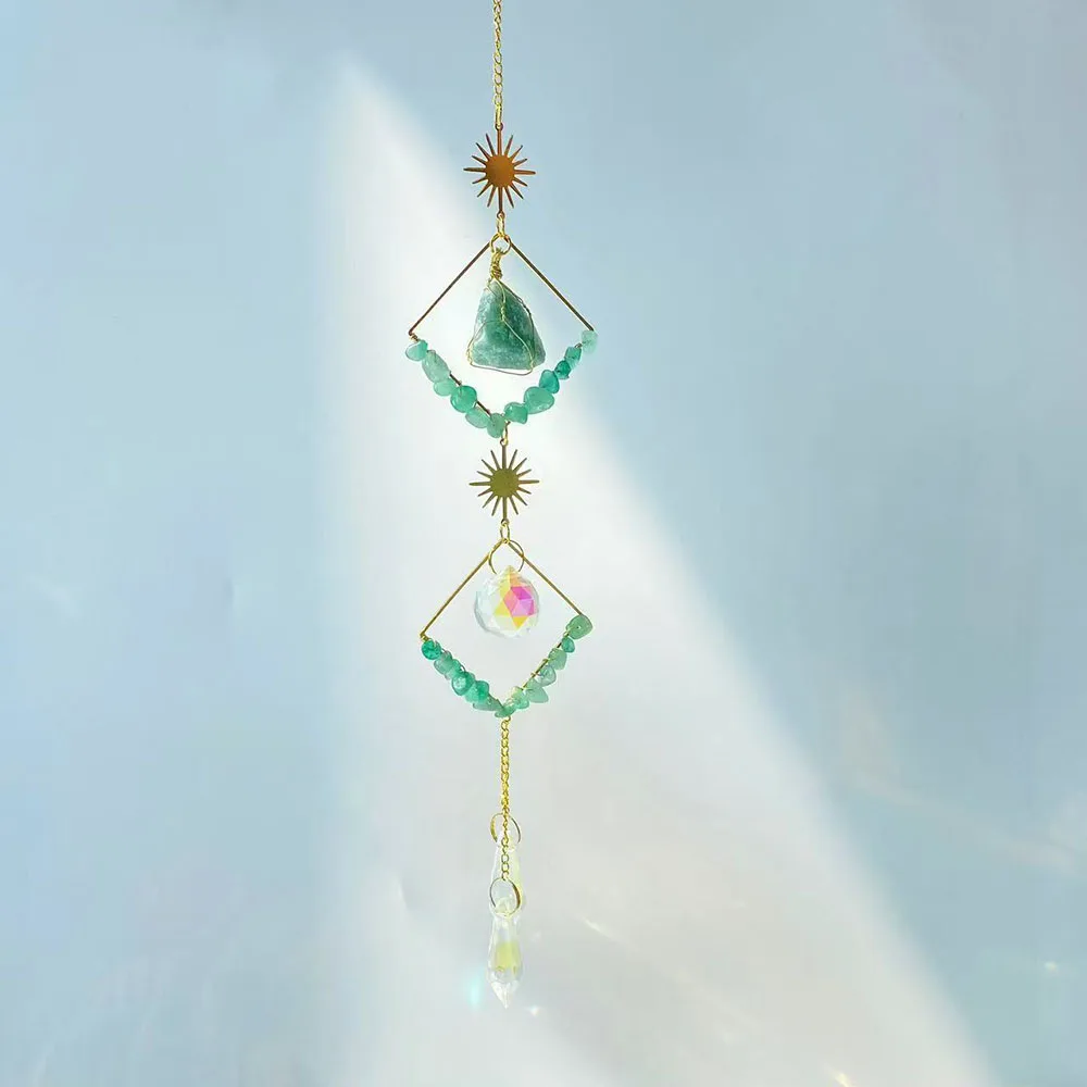 Custom Green Aventurine Crystal Sun Catcher - Geometric Gold Frames Raw Stone Chip Hanging Ornament for Window Decor