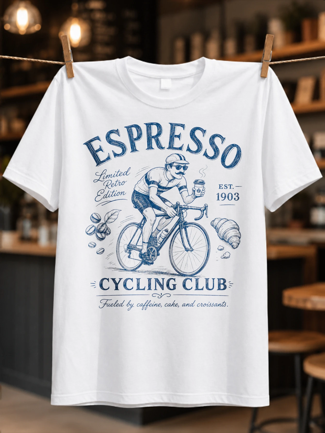 Espresso Cycling Club hand sketched cyclist holding coffee with coffee beans and croissant details  Unisex All T-Shirt