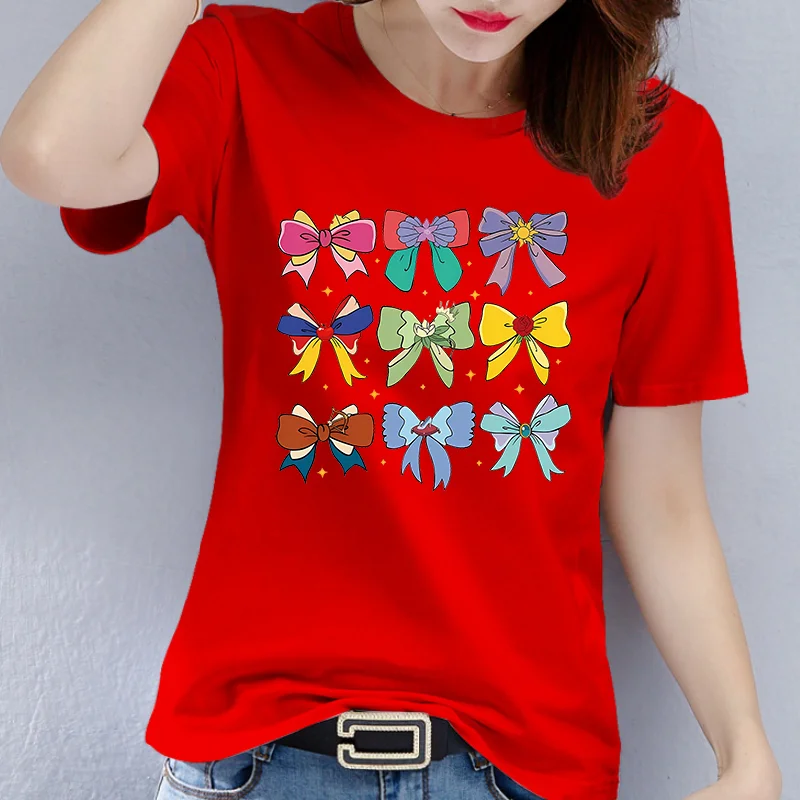 Women's Casual Polyester T-shirt with Colorful Ribbon Bow Pattern Crew Neck Short Sleeve Graphic Summer polyester fabric