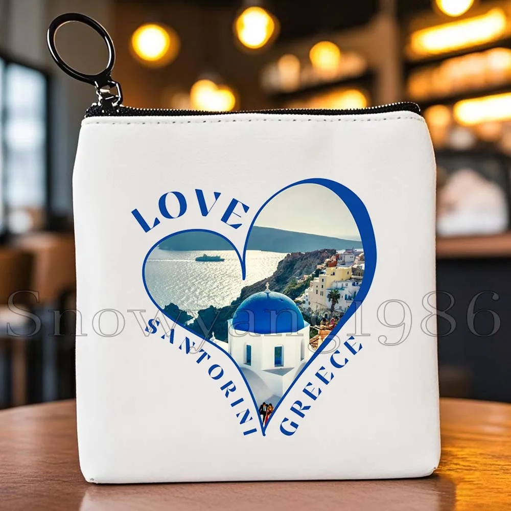

Athens Greece Coin Purse Santorini Oia Island Heart Landscape Travel Art Canvas Bag Square Key Storage Card Bag Wallet Pouch