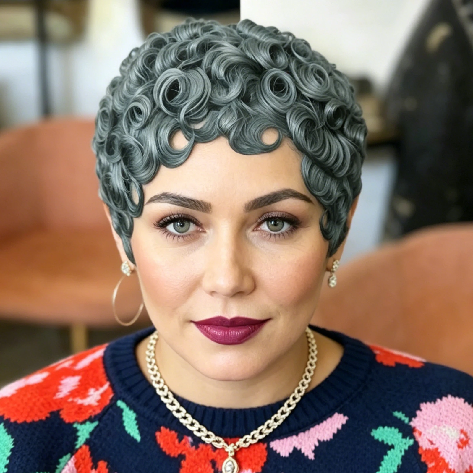 

Grey Short Pixie Cut Wavy Curly Human Hair Wig Full Machine Made Easy Wear Stylish Casual Daily Hair Wig