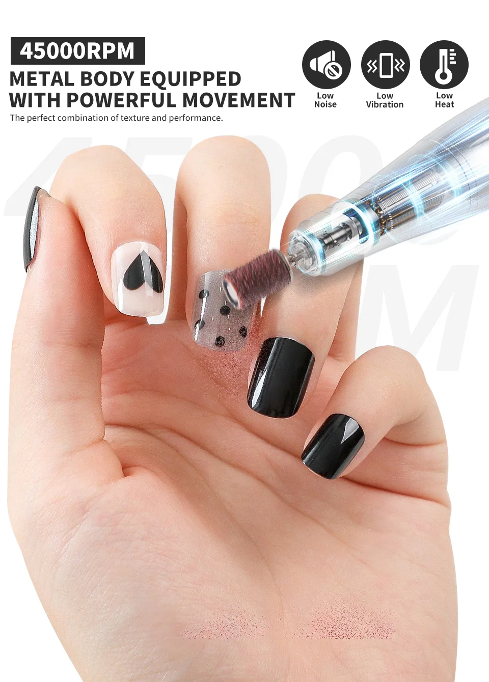 45000 U/min Professionelle Nagelbohrmaschine, wiederaufladbar, elektrische Nagelschleifmaschine, Feile für Maniküre, Gel-Nagellack-Schleifmaschine, geräuscharm – Detail 4