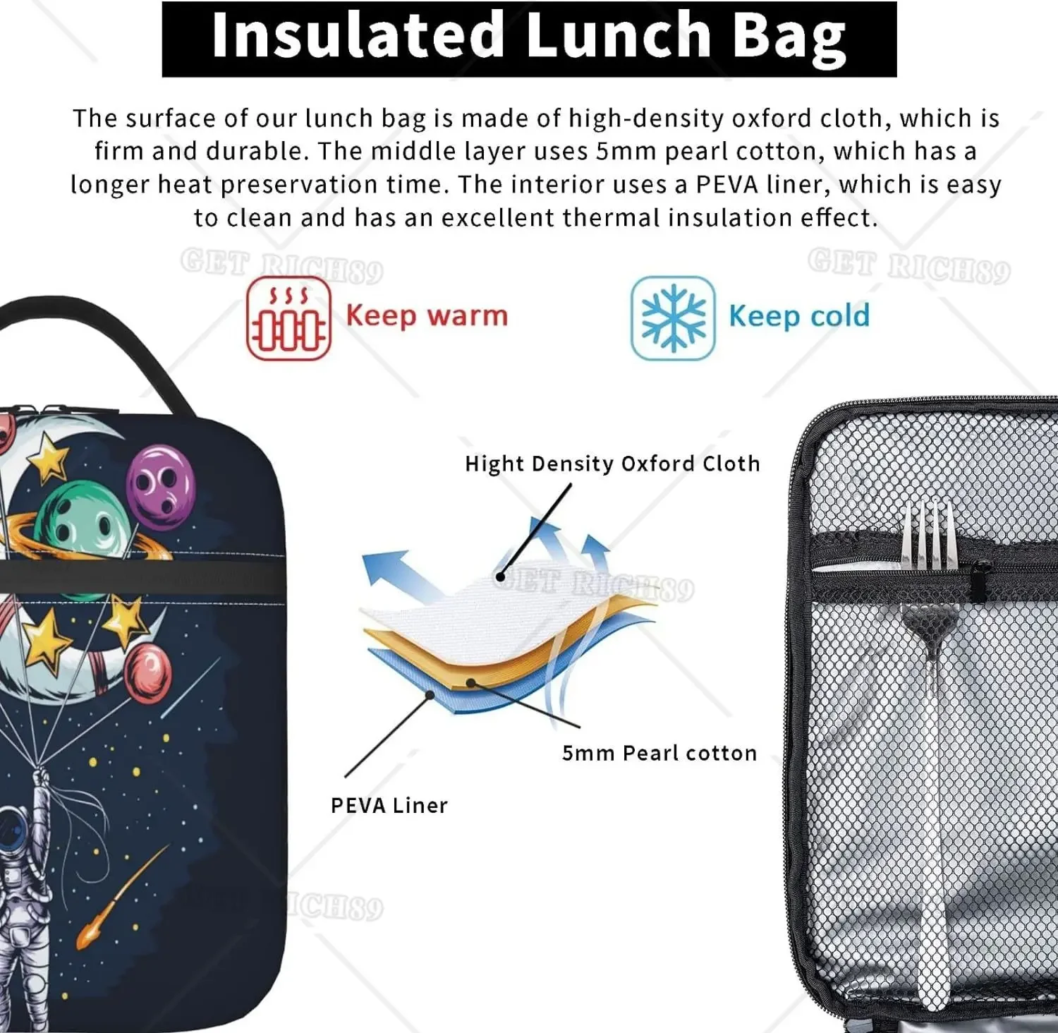 Astronaut Flies in Space Reusable Insulated Large Capacity Lunch Bag Leak Proof Cooler Lunch Box with Pocket for Work Picnic