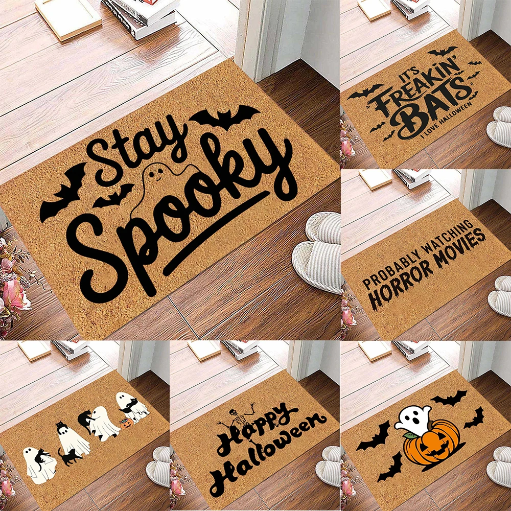 Halloween Theme Door Mat With Ghost Pumpkin Bat Skeleton Patterns Soft Decorative Entryway Rug For Spooky Season Decor