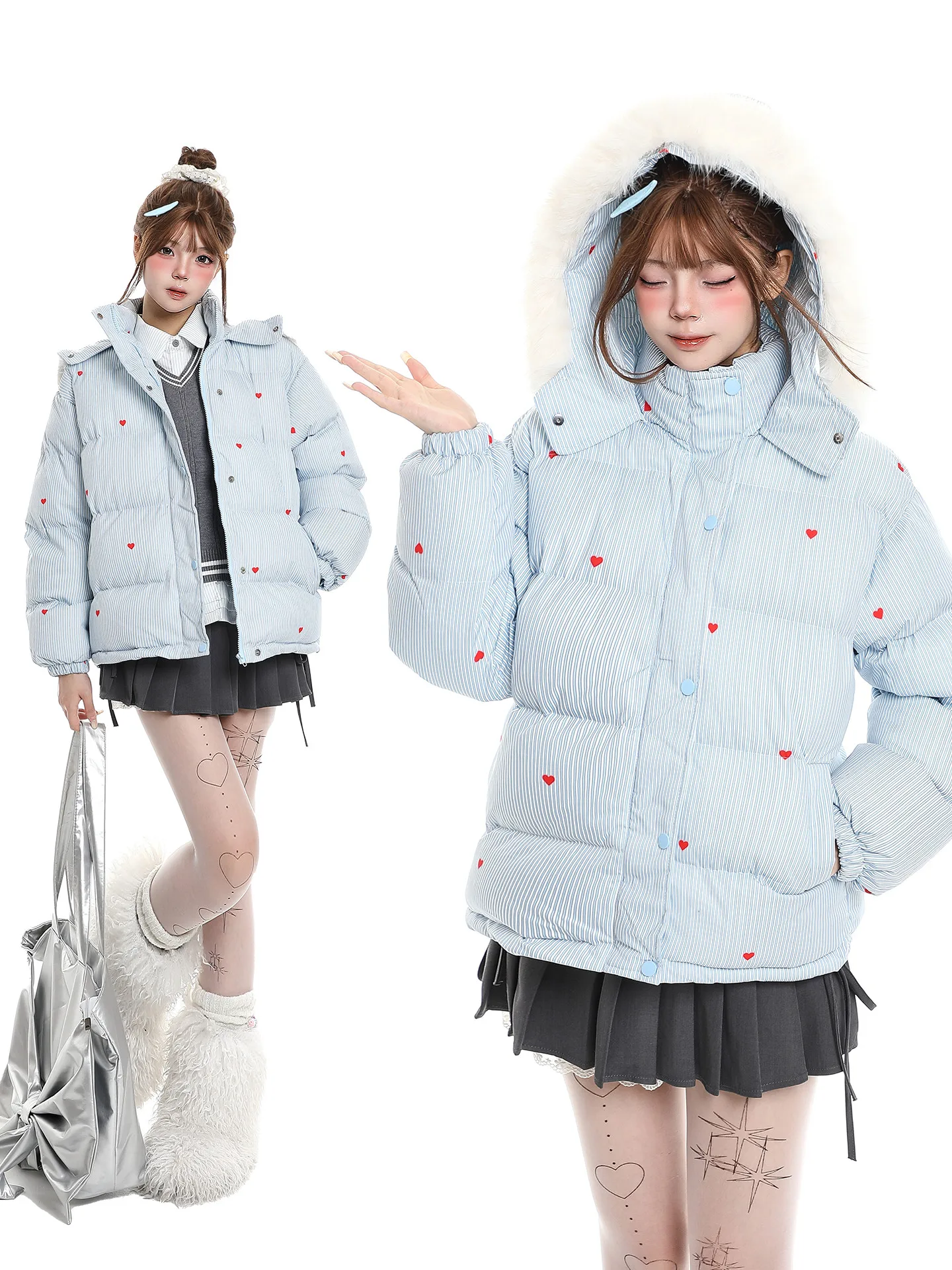 

Cute Striped Heart Hooded Cotton Jaet Women's Winter Korean Loose Casual Warm Cold Proof Bread Sle Outerwear Trendy