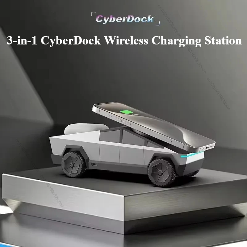 حامل سطح المكتب Cybertruck Qi2 3 في 1 محطة شحن لاسلكية CyberDock لهاتف IPhone16 15 14 Pro Max، AirPods، IWatch
