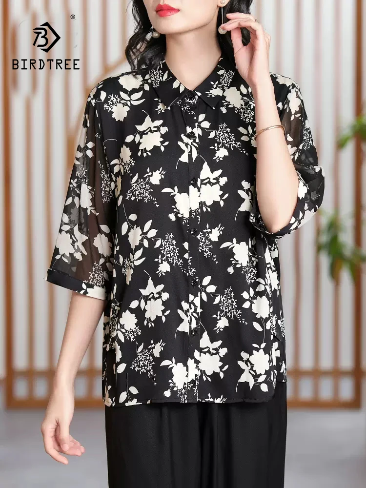 

BirdTree 91%Real Silk Elegant Shirt For Women, Half Sleeve Lapel, Vintage Printed Temperament Blouse, 2024 Spring New T42329QC