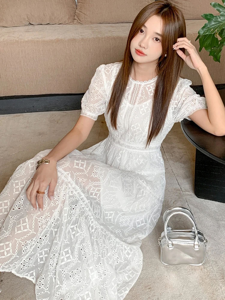 GypsyLady Floral Chic Embroidery Dresses White French Elegant Women Hollow Out Puff Sleeve Vocation Beach Sheer Ladies Dress New