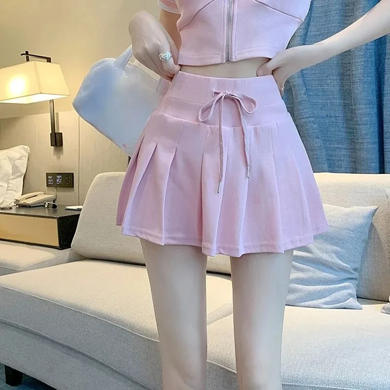 Mini Pink Pleated Skirt 2 Piece Sets Womens Outfits Summer Short Sleeve Crop Top Zipper Shirt Y2k Cardigan Casual Coat