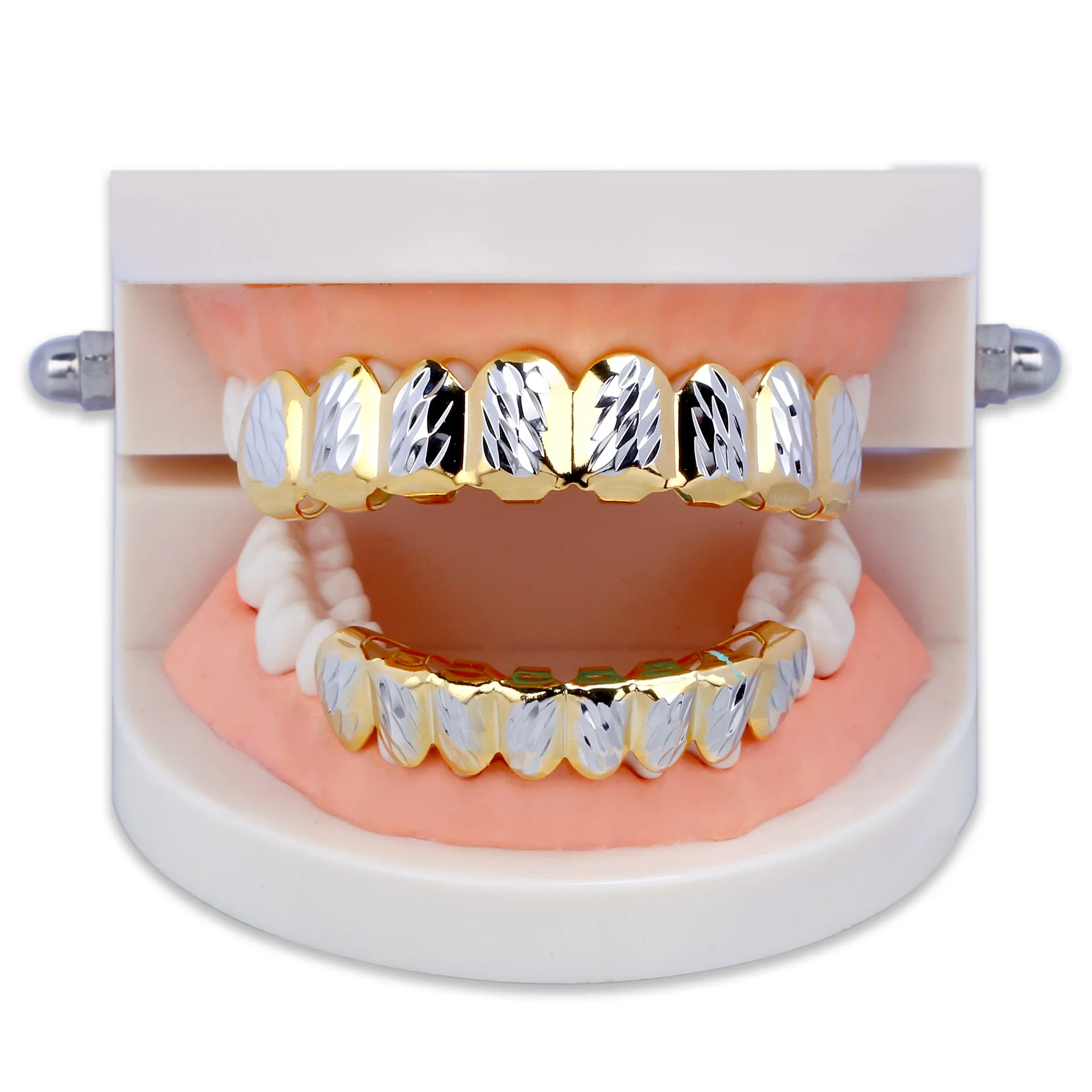 8 Tooth Gold Color Plated Top & Bottom Hip Hop GRILLZ SET for Halloween Christmas Party