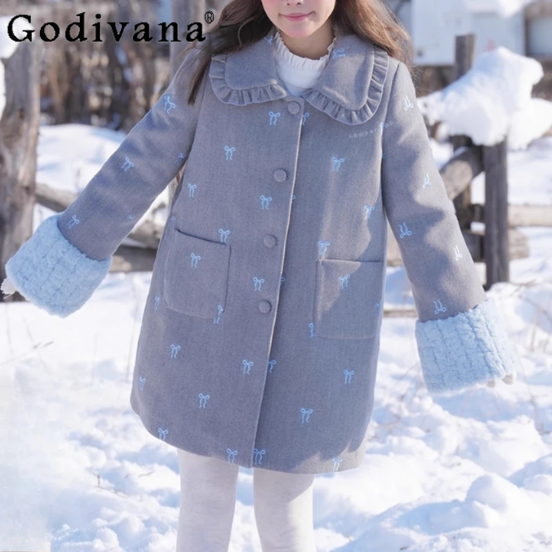 

New Winter Sweet Girl Grey Bow Vintage Korean Coat Fashion Versatile Loose Peter Pan Collar Medium Long Thickened Leisure Coats