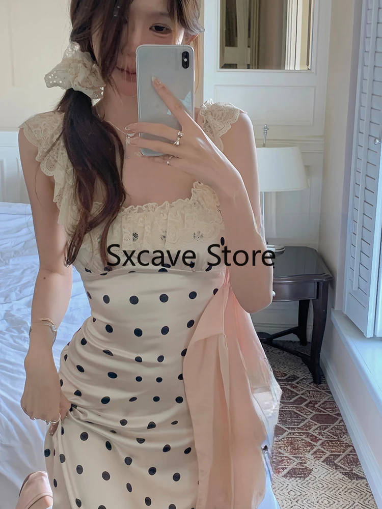 Vintage Casual Elegant Midi Dress Women Beach Style Korean Dress Even Party Sleeveless Korean Fashion Clothing Y2k Chic Lace