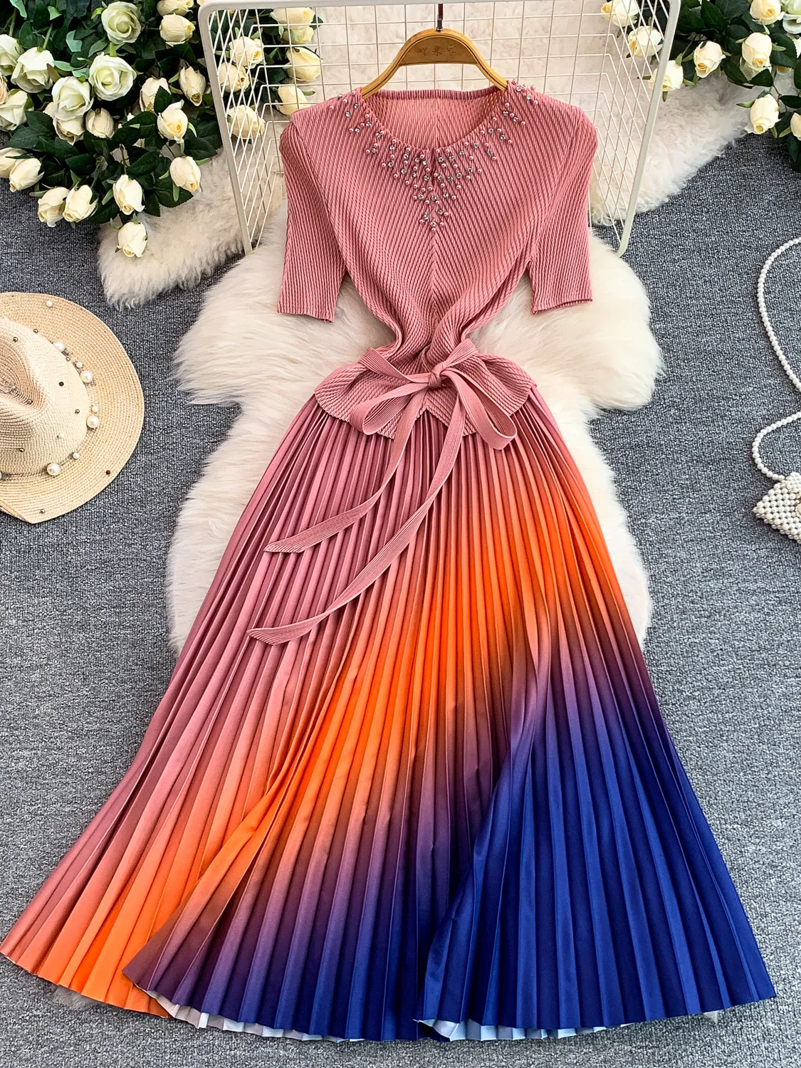 Elegant round Neck Diamond Embedded Heavy Work Summer Dress Women's Slimming A-Line Skirt Gradual Color Pleated Long Dress