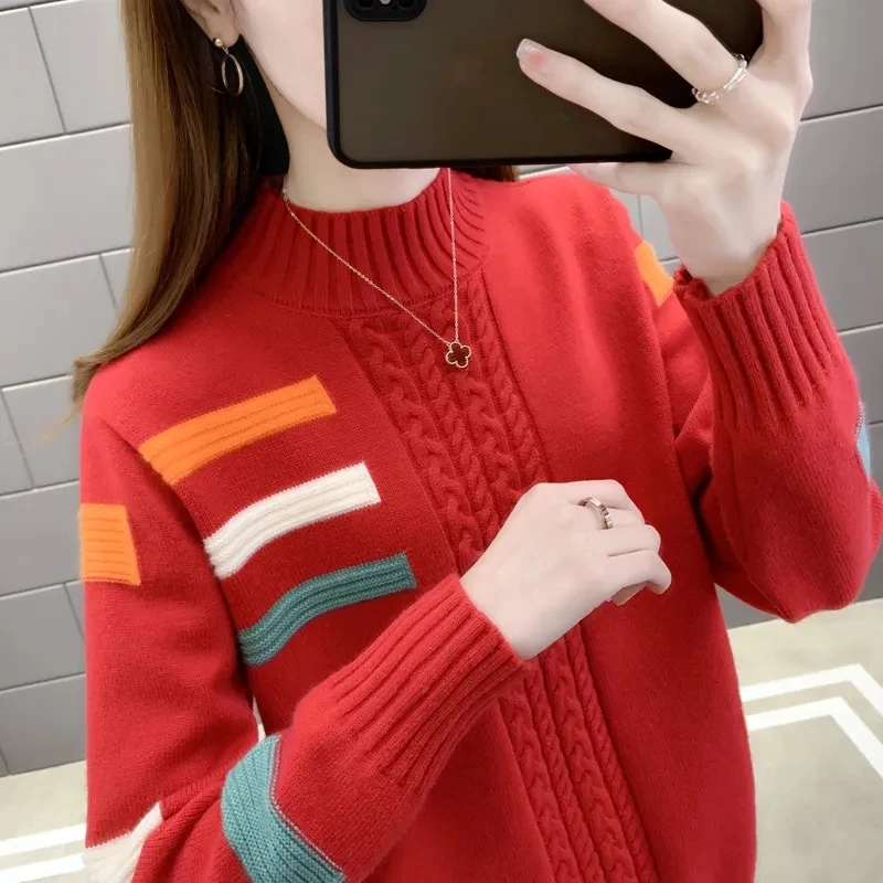 Autumn Winter Women Sweater Pullovers 2023 New Patchwork Half High Collar Knitted Sweater Jumper Casual Female Bottoming Tops