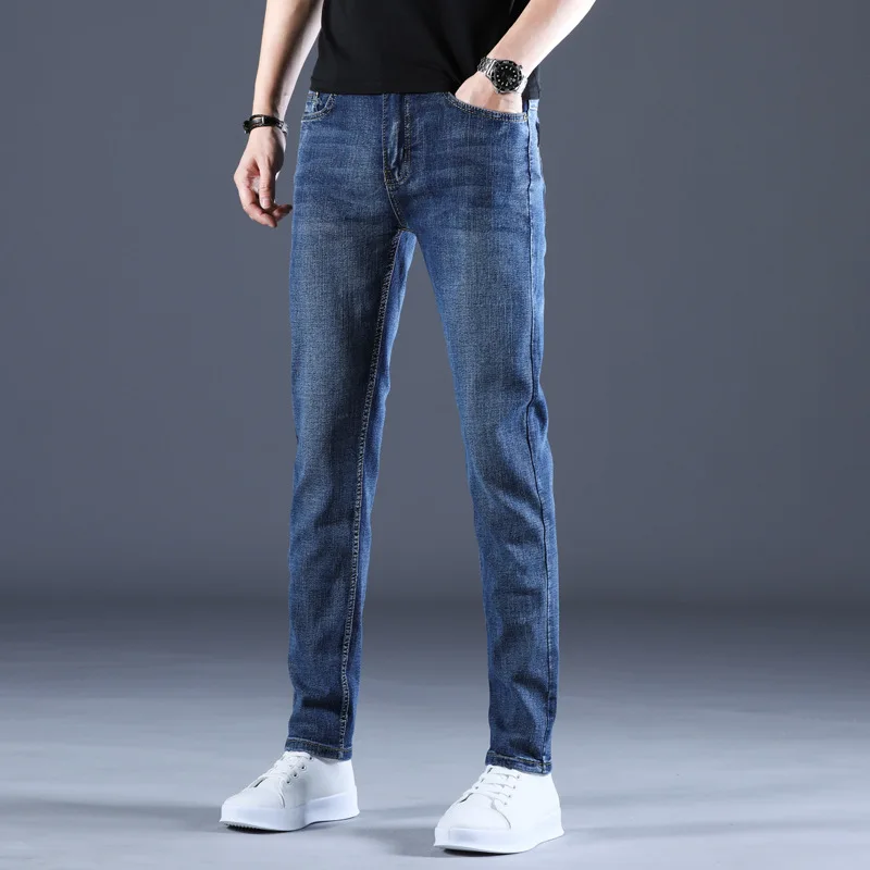 

Men's Soft Stretch Straight Jeans Business Casual Slim Fit Wash Denim Pants Korean Fashion Blue Gray Male Brand Trousers