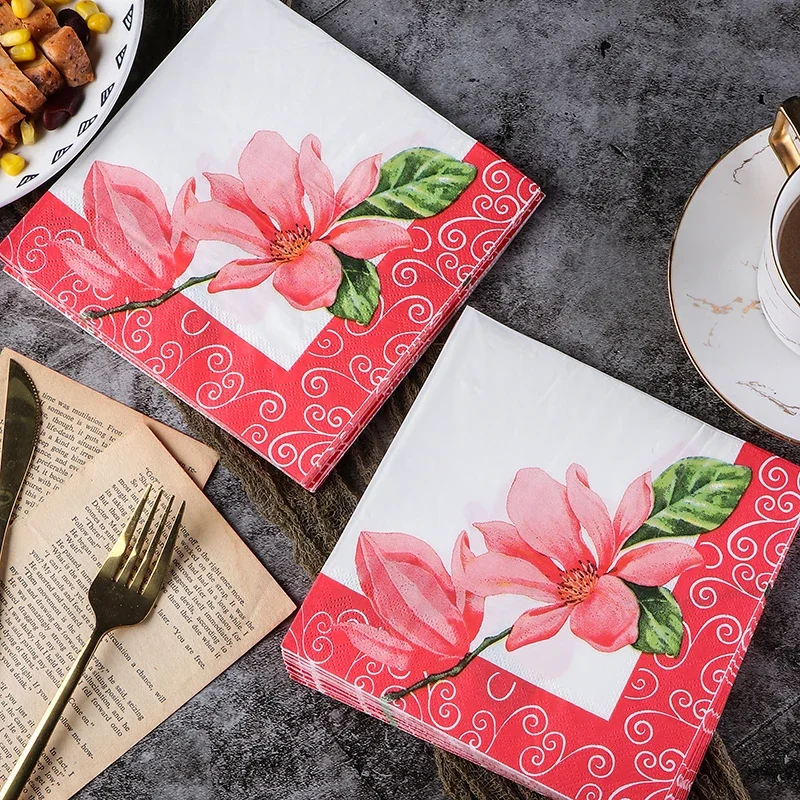 Red Magnolia Flower Colourful Tissue Paper Printed Napkin Chinese Style Banquet Pure Wood Pulp Paper Wedding Tissue Paper 33*33