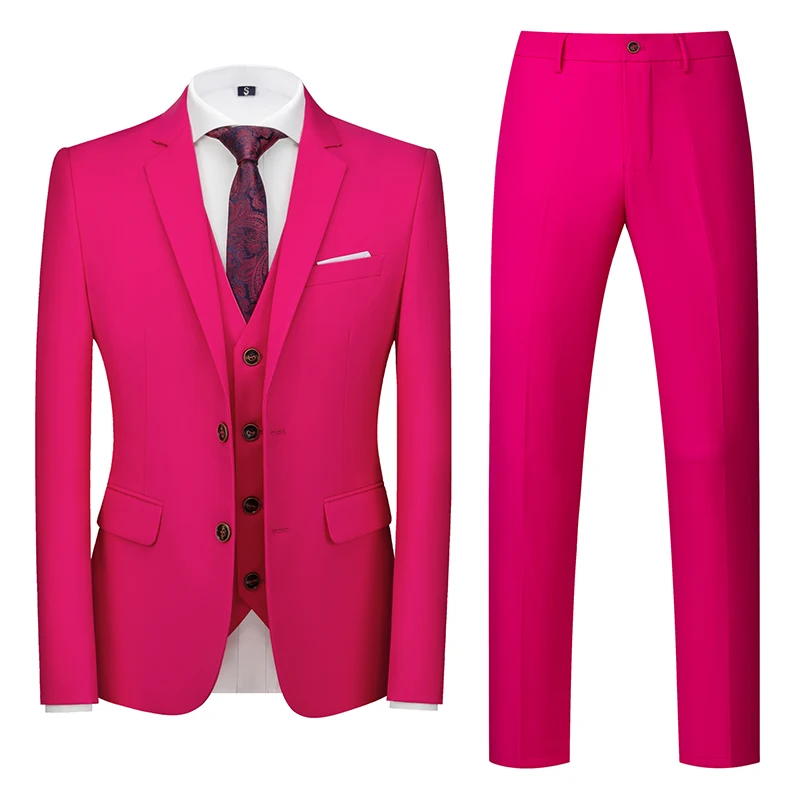 

2026 New Men's Rose Red Three-Piece Suit Asian Fit Slim-Cut Jacket and Pants with Vest Wedding/Office/Party/Interview Ensemble