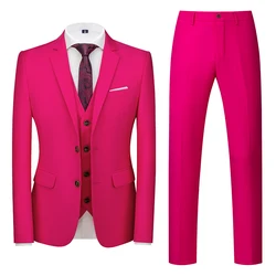 2026 New Men's Rose Red Three-Piece Suit Asian Fit Slim-Cut Jacket and Pants with Vest Wedding/Office/Party/Interview Ensemble