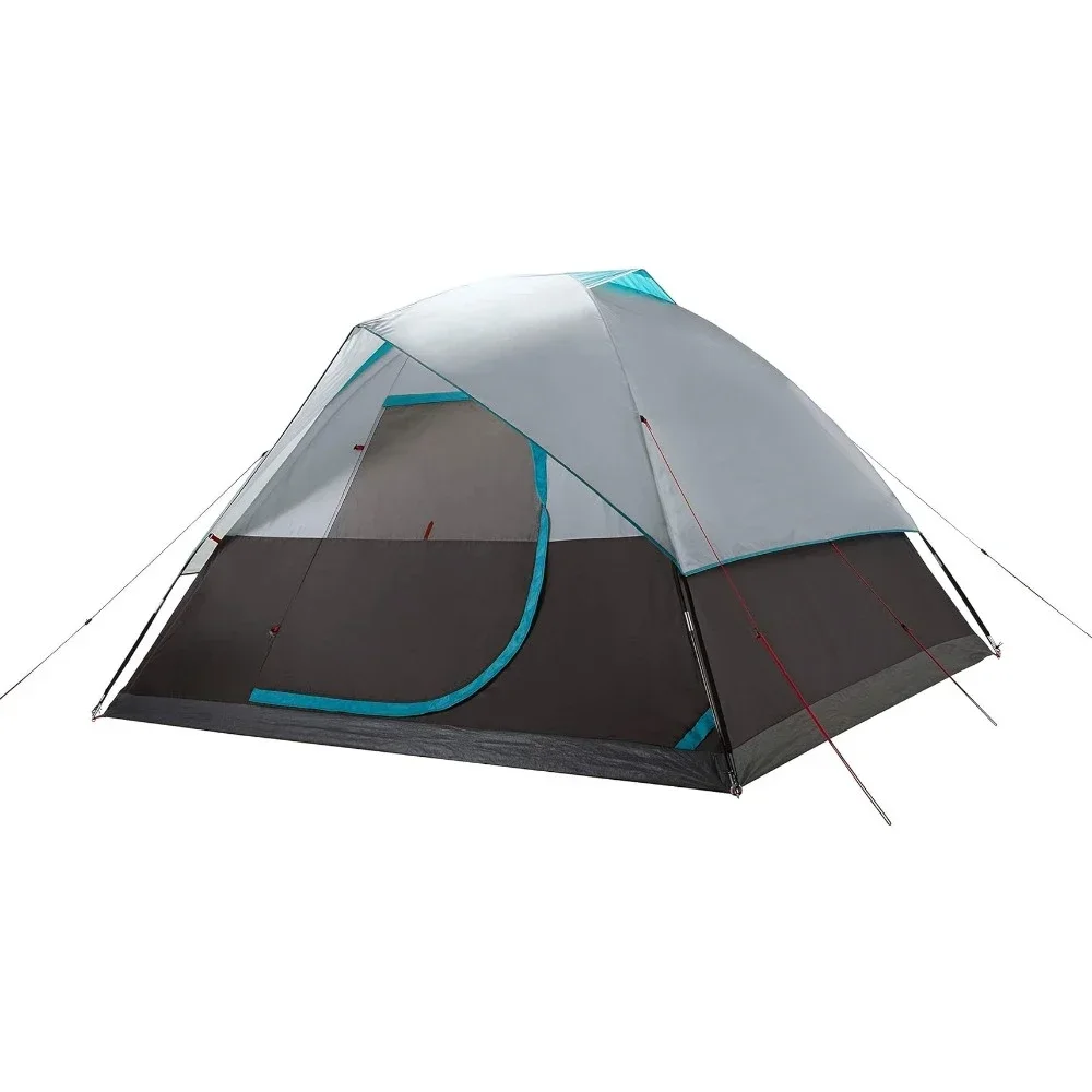 Rechargeable 4/6 person camping tent with LED lighting, including rain flies,tent fans, lights, and interchangeable battery pack