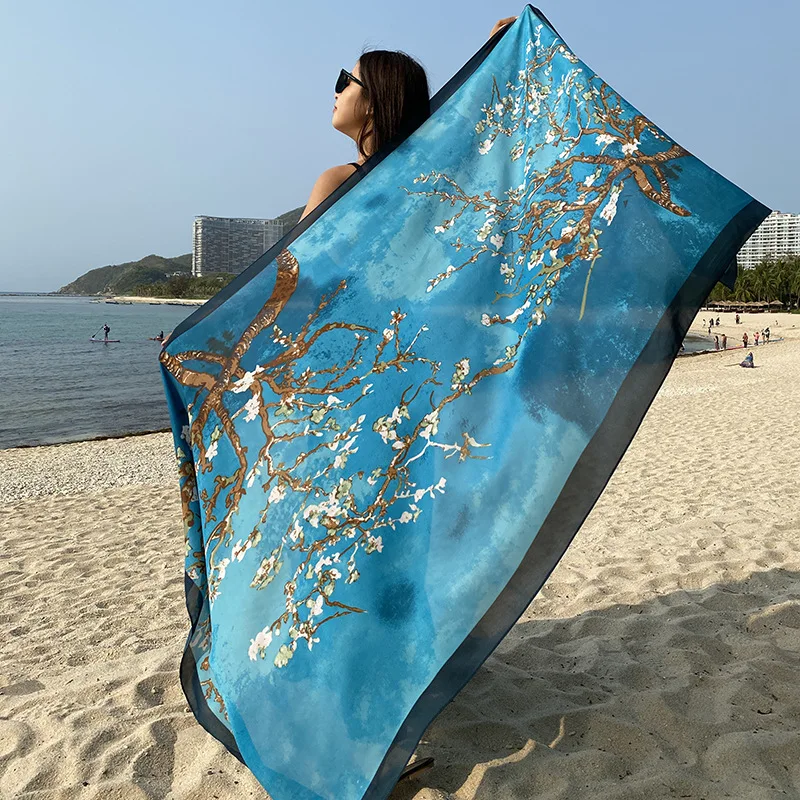 

Spring Summer Women Silk Satin Scarf Print Lady Luxury Brand All-match Shawl Female Ethnic Style Scarves Travel Capes