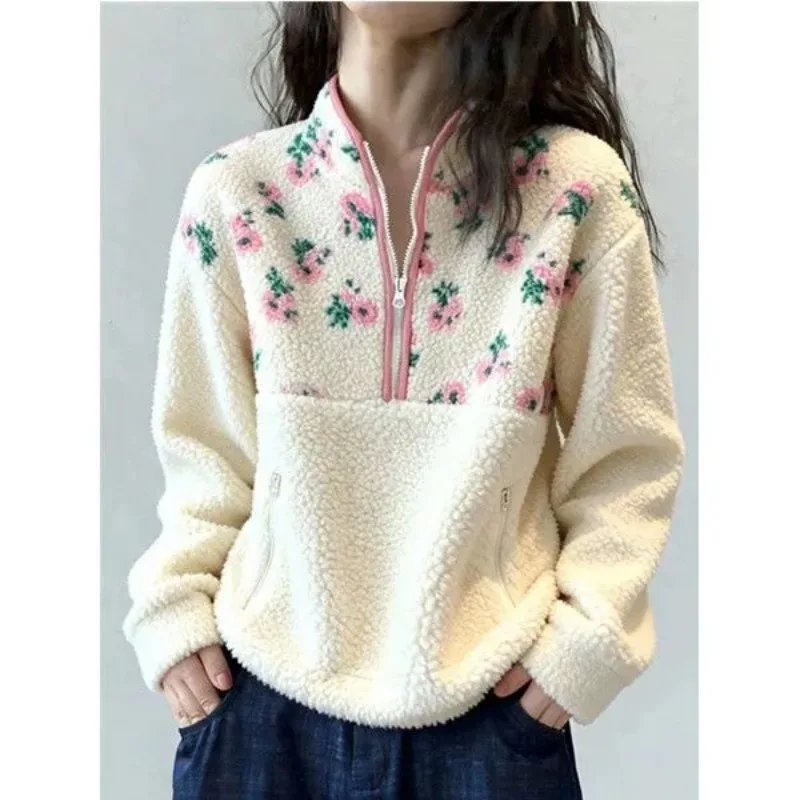 Autumn Winter New Fleece Oversized Stand-Up Collar Pullover Sweatshirt for Women Fashion Wholesale Fleece Women's Clothing