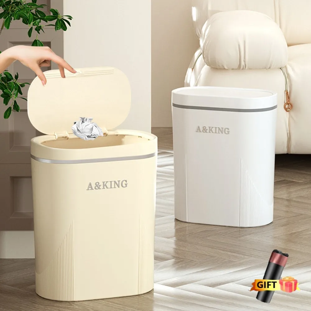 

14L Plated Silver Wastbasket Light Luxury Press Trash Can with Lid Living Room Bathroom Narrow Garbage Can Kitchen Waste Dustbin