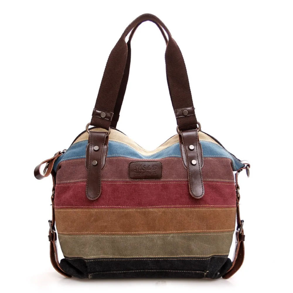 

Canvas Patchwork Rainbow Shoulder Bag Large Capacity Tote Colorful Striped Handbag Portable Streetwear Crossbody Bag Outdoor