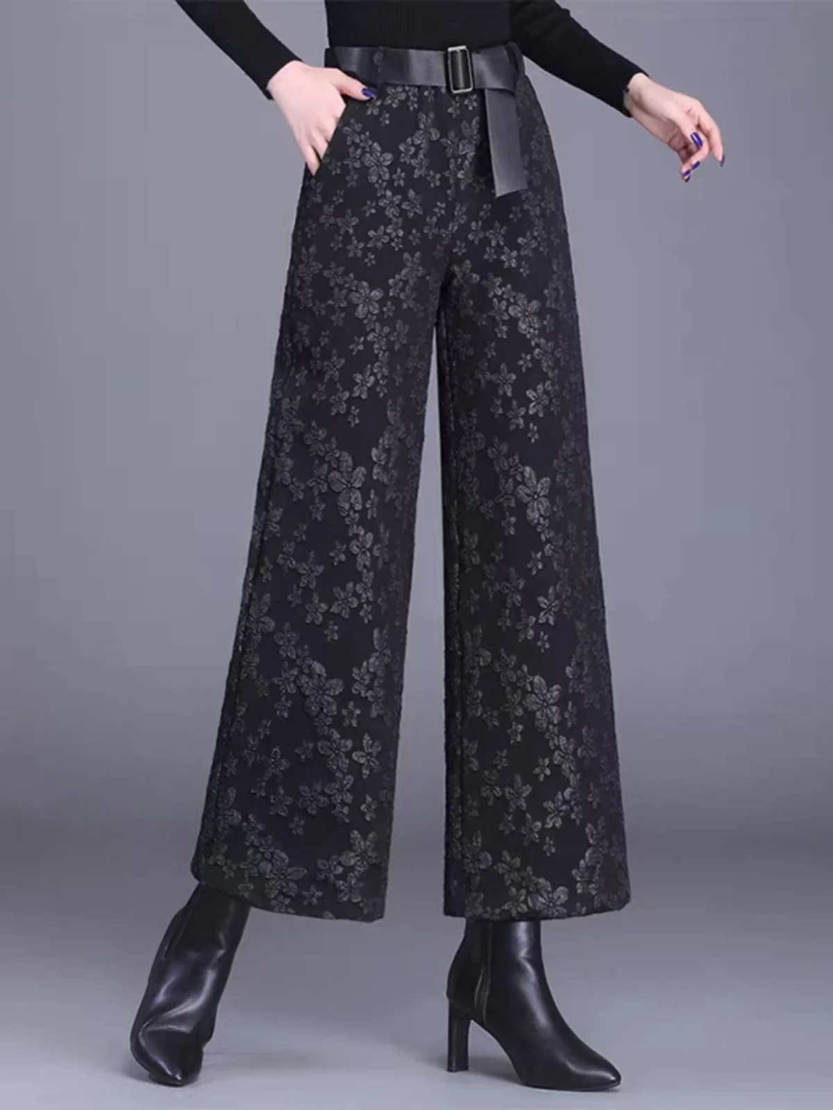 

High Quality Women Wide Leg Pants Autumn Winter Thicken Fashion Print Middle-Age Mom Casual Simple Cozy All-Match Female Trouser