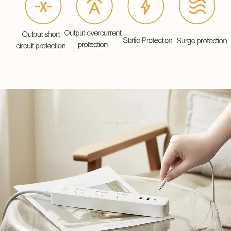 New Xiaomi Socket Mi Mijia 20W Fast Charging Power Strip 2A1C 3 Sockets Standard Plug Interface Extension Lead 1.8m