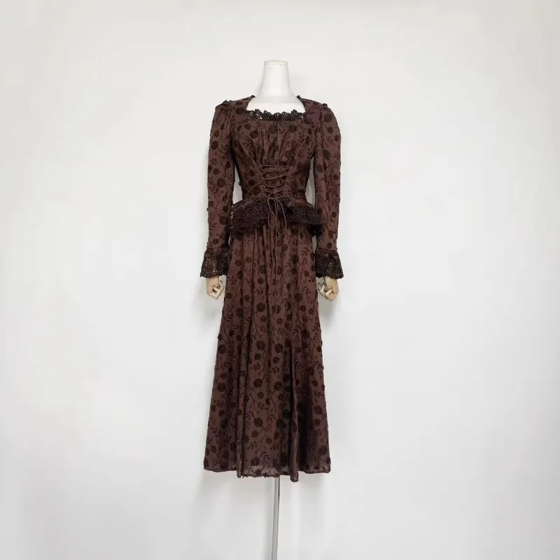 Vintage French Floral Embroidery Two Piece Outfit Square Neck Lace Trim Corset Waist Flare Long Skirt Suit 2 Colors